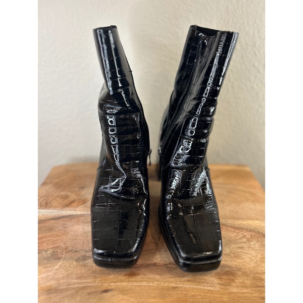 Princess Polly Black Croc Embossed Square Toe Platform Block Heel Boots‎ Size 10